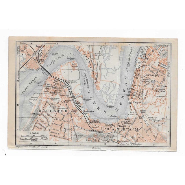 1910 vintage map of Rochester and Chatham, United Kingdom