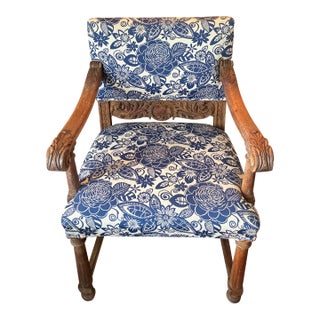Antique Spanish Carved Wood Armchair — Reupholstered in Schumacher-Style Blue & White Botanical For Sale