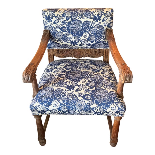 Antique Spanish Carved Wood Armchair — Reupholstered in Schumacher-Style Blue & White Botanical For Sale