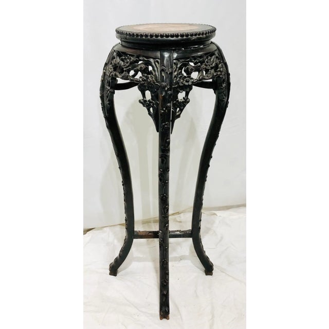 Stunning Antique Asian Carved Wooden Framed Plant Stand with beautiful rosey pink striated marble top. Gorgeous Carved...