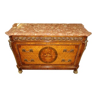 Italian Made Louis XVI Style Ormolu Inlaid Marble Top Dresser Chest Commode For Sale