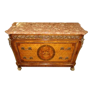 Italian Made Louis XVI Style Ormolu Inlaid Marble Top Dresser Chest Commode