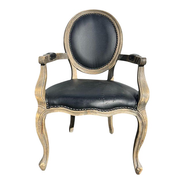 Black Leather Balloon-Back French Armchair For Sale