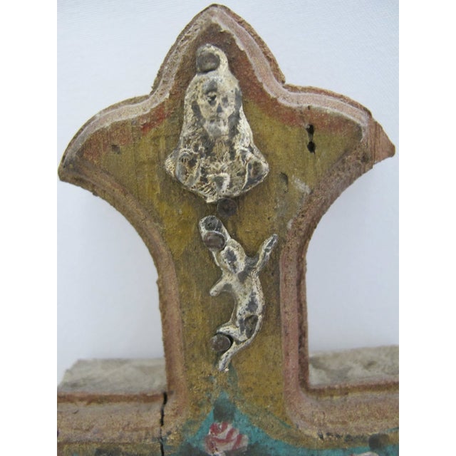 Turquoise Mexican Turquoise Wood Folk Art Milagros Lady of Guadalupe Metal Charms Cross For Sale - Image 8 of 9