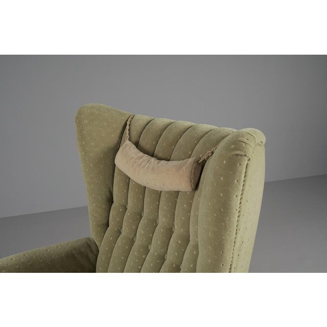 Large Green Italian Wood & Fabric Wingback Armchair, 1950s For Sale - Image 10 of 15