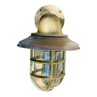 Antique Caged Blown Glass Nautical Brass Ship Passageway Sconce Light For Sale