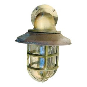Antique Caged Blown Glass Nautical Brass Ship Passageway Sconce Light