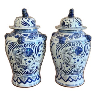 Coastal Blue & White Chinoiserie Koi Ginger / Temple Jars - A Pair For Sale