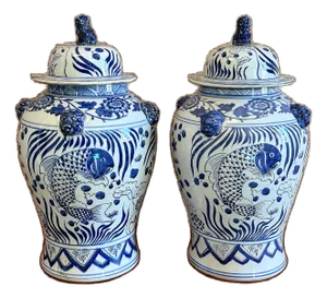 Coastal Blue & White Chinoiserie Koi Ginger / Temple Jars - A Pair