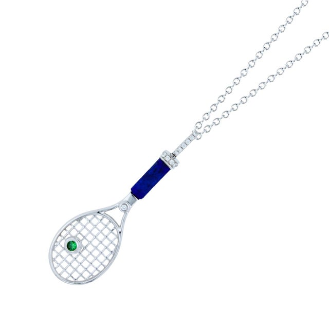 Tennis Racket Blue Lapis Lazuli Handle Green Emerald Tennis Ball Jewelry 18 Karat White Gold Necklace Pendant Charm * 18K...