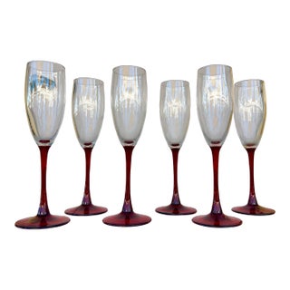 1970s Red Stemmed Champagne Glasses - 6 Pc For Sale