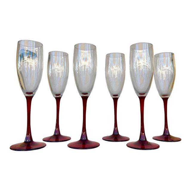 1970s Red Stemmed Champagne Glasses - 6 Pc For Sale
