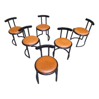 Chairs in Black Lacquered Wood with Brown Leather Seats attributed to Tito Agnoli, 1960s, Set of 6 For Sale