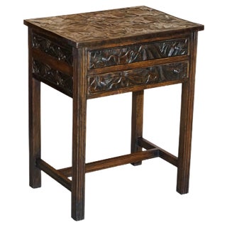 Japanese Hand Carved Side Table with Cutlery Drawers from Liberty's, London For Sale