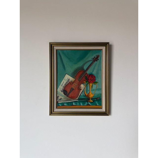 Mid-Century Modern 1960's Mid-Century G. Koloff Violin & Rose Still Life Painting – Framed For Sale - Image 3 of 12