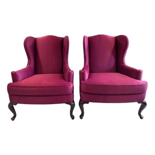 Late 20th Century Drexel Heritage Burgundy Wine Queen Anne Wingback Accent Chairs For Sale
