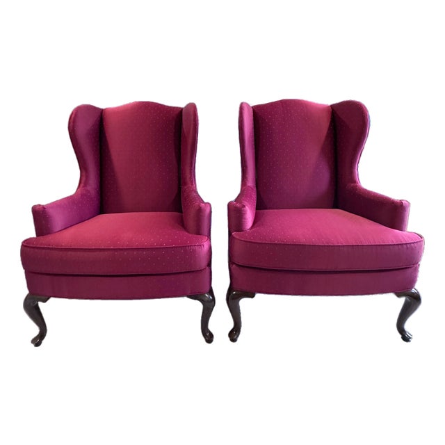 Late 20th Century Drexel Heritage Burgundy Wine Queen Anne Wingback Accent Chairs For Sale