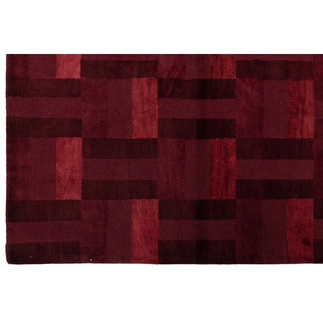 Modern Tibetan Hand-Knotted Wool and Silk Rug in Burgundy Basketweave Pattern For Sale In New York - Image 6 of 10