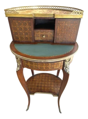 19th Century French Louis XV Style Wood Marquetry “Bonheur Du Jour” Lady’s Desk With Ormolu Accents in the Manner of Charles Topino