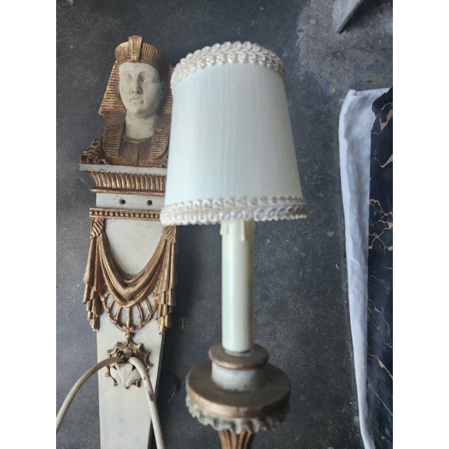 Wood Italian Egyptian Revival Carved Wood Pharoah 2 Arm Sconces - A Pair For Sale - Image 7 of 10