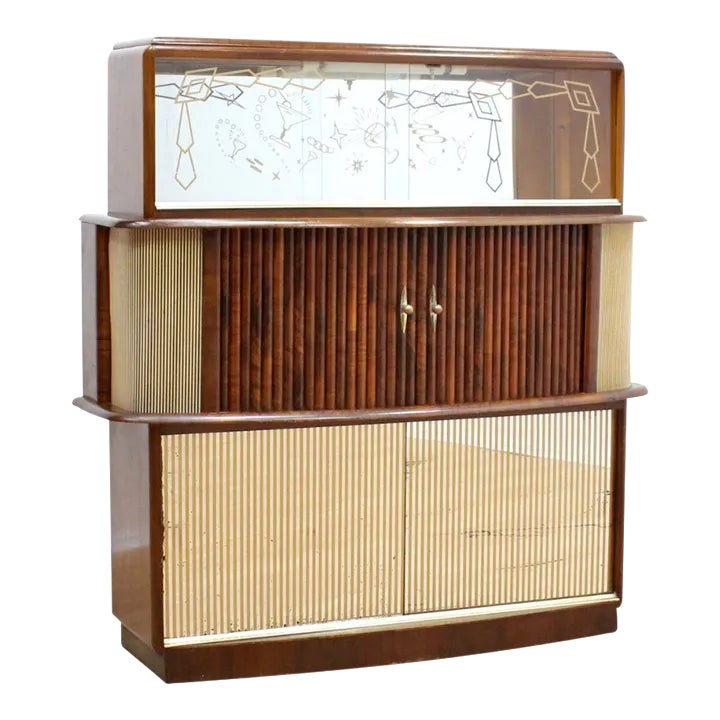 1950s Cocktail Mid Century Kitsch Walnut Tambour Door Liquor