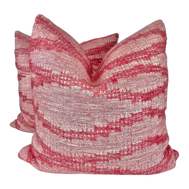 Set of Two Woven Textural Rich Pink Pillows/ Kathryn Ireland “Moroccan Weave” Woven Textile With Down/ Feather Fill For Sale