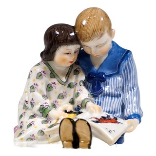Art Nouveau Children with Picture Book Figurine by Frieda Strauss for Meissen, 1890s For Sale