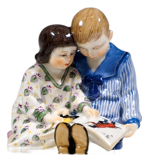 Art Nouveau Children with Picture Book Figurine by Frieda Strauss for Meissen, 1890s