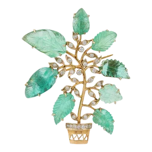 Carved 30 Carat Emerald Flower Pot Brooch With Diamonds in 18k Solid Yellow Gold