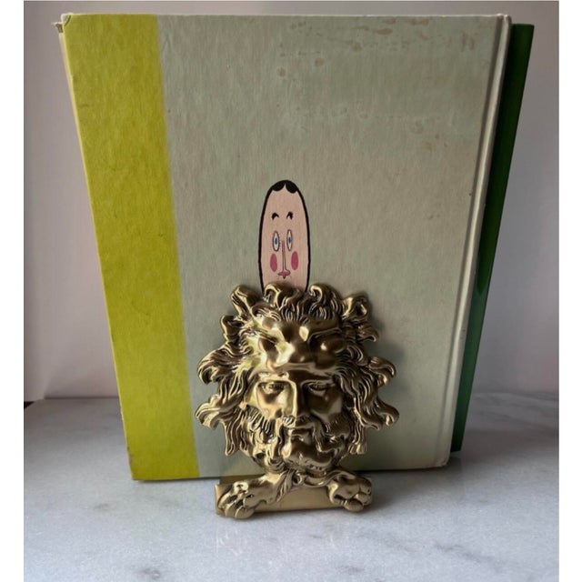 Vintage Bookends Feature a Classic Golden-Brass Finish With a Deeply Detailed Mythological Male Face and Flowing Mane. For Sale - Image 4 of 9