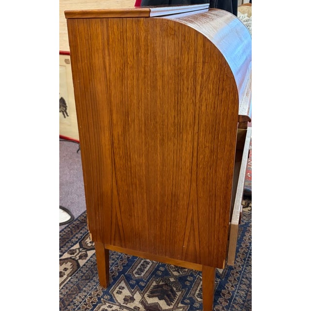 Mid 20th Century Mid Century Swedish Bookmatched Teak Roll Top Secretary Desk by Egon Ostergaard for Smi, Signed For Sale - Image 5 of 13