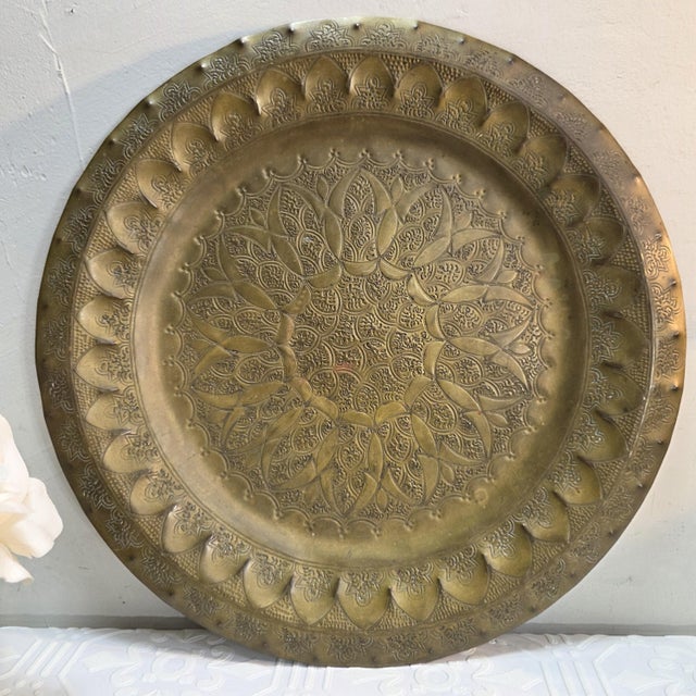 Late 20th Century Large Vintage Brass Lotus Tray, 15.5-Inch Embossed Floral Medallion Plate South Asian Indian For Sale - Image 5 of 8