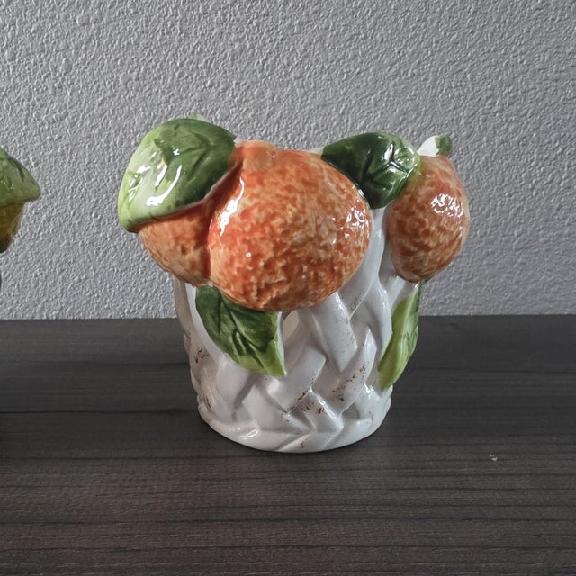 Yellow 1970s Majolica Lemon Orange Centerpiece Candle Holders / Planters - A Pair For Sale - Image 8 of 14