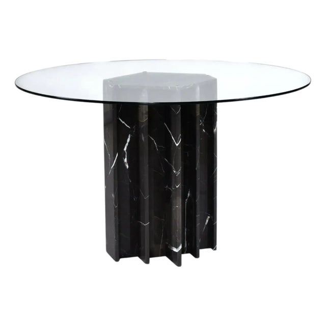 Round Glass Dining Table With Black Marble Pedestal Base For Sale