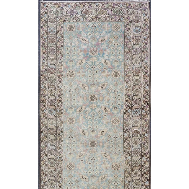 Tribal Antique Persian Malayer Runner With Sub-Geometric Design in Blue and Brown Tones 3'5 X 12'10 For Sale - Image 3 of 15