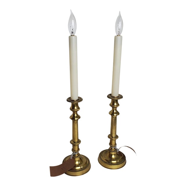 Late 19th Century Pair of English Brass Candle Stick Lamps For Sale