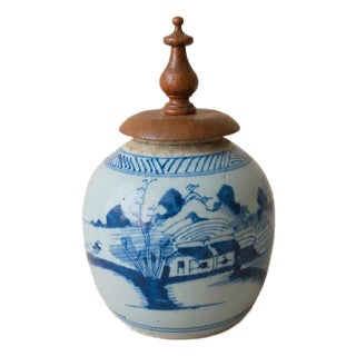 19th Century Qing Dynasty Ginger Jar Blue & White Chinese Porcelain Antique Tea Caddy Covered Jar Chinoiserie Decor For Sale
