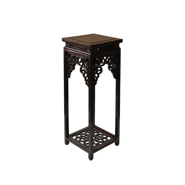 3.5" Dark Brown Scroll Pattern Square Tall Slim Wood Display Stand Riser For Sale - Image 4 of 6