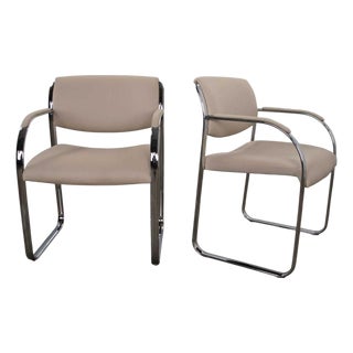 Vintage Modern Dining Armchairs Off White and Chrome by Steelcase - A Pair For Sale