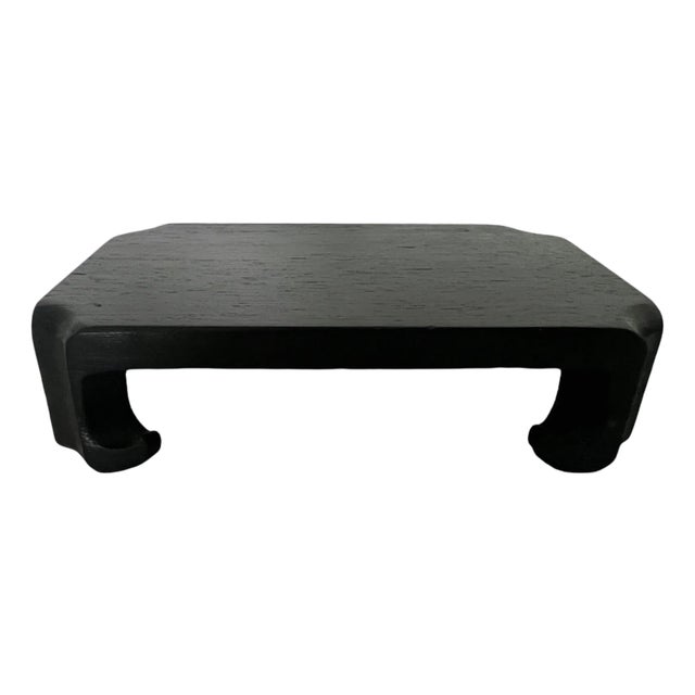 1980's Chinese Carved Wood Rectangular Display Stand With Ebony Black Finish 3"x5" For Sale