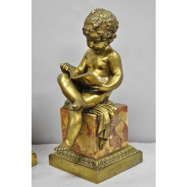 Antique French Louis XV Bronze Putti Children "Arts & Literature" Figures - Pair For Sale - Image 4 of 18