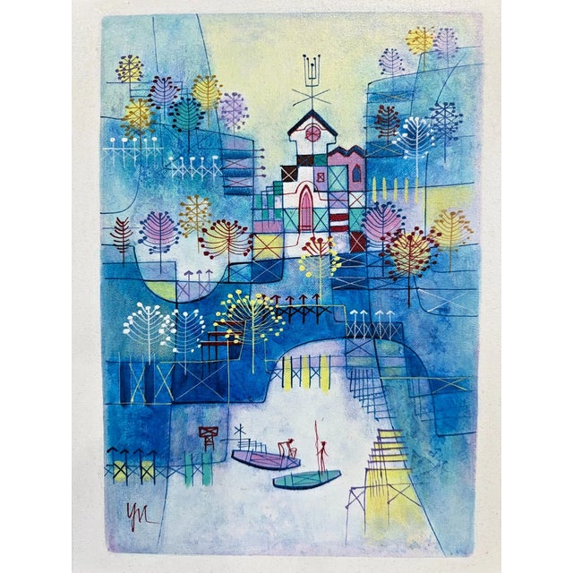 Signed Heshi Yu “Abstract Village” Modernist Painting in Vintage Lucite Frame A striking signed modernist painting titled...