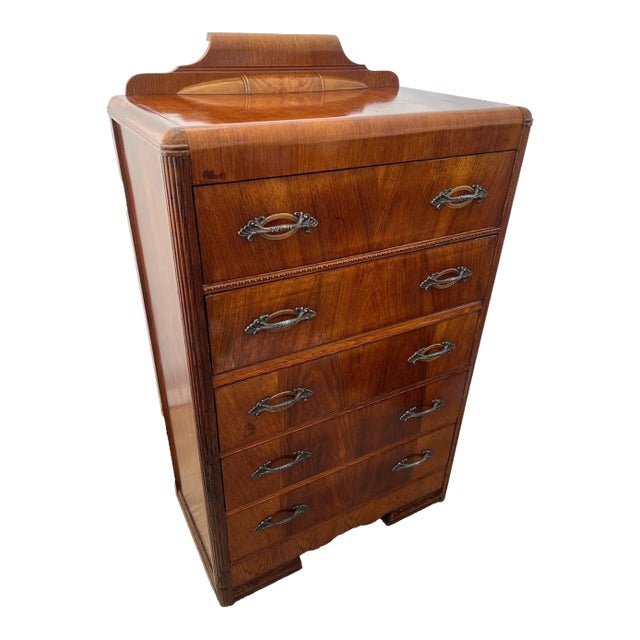 1920s Gorgeous Art Deco Dresser Chest, Rare Five Drawers, Bakelite and Brass Pulls, Waterfall Top For Sale