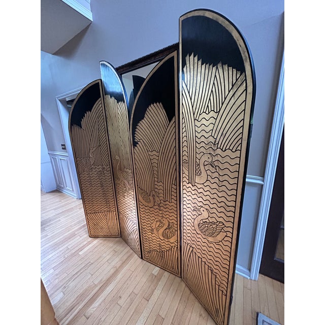 Vintage Large 1980s Art Deco Revival Gilt & Black Lacquer Four-Panel Folding Screen / Room Divider For Sale - Image 4 of 7