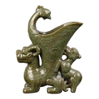 Early 1900s Chinese Porcelain Wine Cup Song Xikou Kiln Celadon Zun Cup Hand Carved Peacock Statue | Xikou Ware Ceramic Wine Cup For Sale