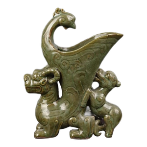 Early 1900s Chinese Porcelain Wine Cup Song Xikou Kiln Celadon Zun Cup Hand Carved Peacock Statue | Xikou Ware Ceramic Wine Cup