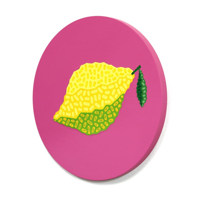 Contemporary Circle Pink Lemon - Vibrant Abstract Fruit Still Life Painting on Panel - Original Artwork by Will Beger For Sale - Image 3 of 9