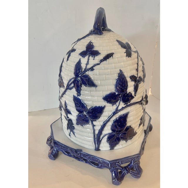 Victorian Majolica Beehive Cheese Dome & Stand Blue & White Rare by Mintons C1870 For Sale - Image 3 of 14