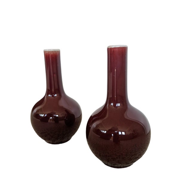 Oxblood Red Vintage Asian Import Oxblood Porcelain Vases- A Pair For Sale - Image 8 of 10