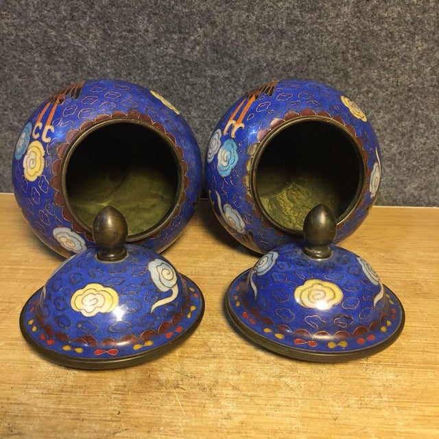 Pair of Small Chinese Cloisonné Enamel Crane & Cloud Jars With Lids - 8" Tall For Sale - Image 9 of 9